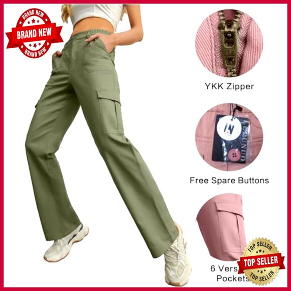 High Waisted Cargo Pants with 6 Pockets, Stretchy Wide Leg Casual Streetwear - Picture 4 of 7